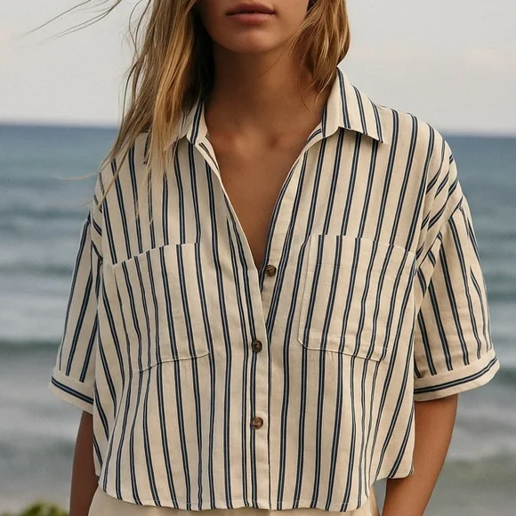 Zara blue striped linen blend crop relaxed top size M - Picture 6 of 6